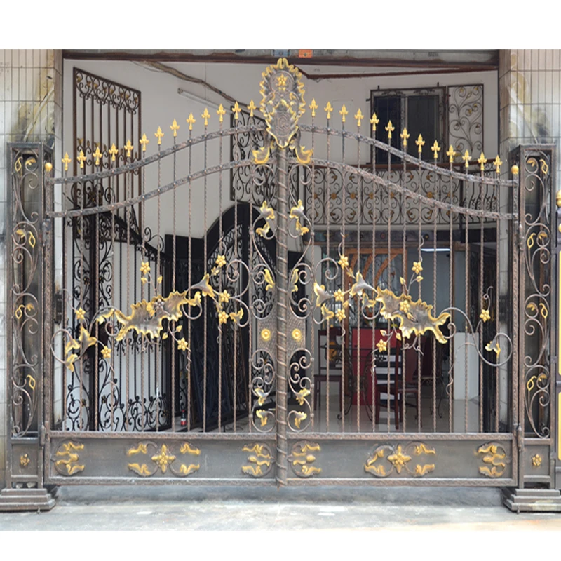 
HS-002 modern front entry steel gate flower design small arched wrought iron garden gates for home 