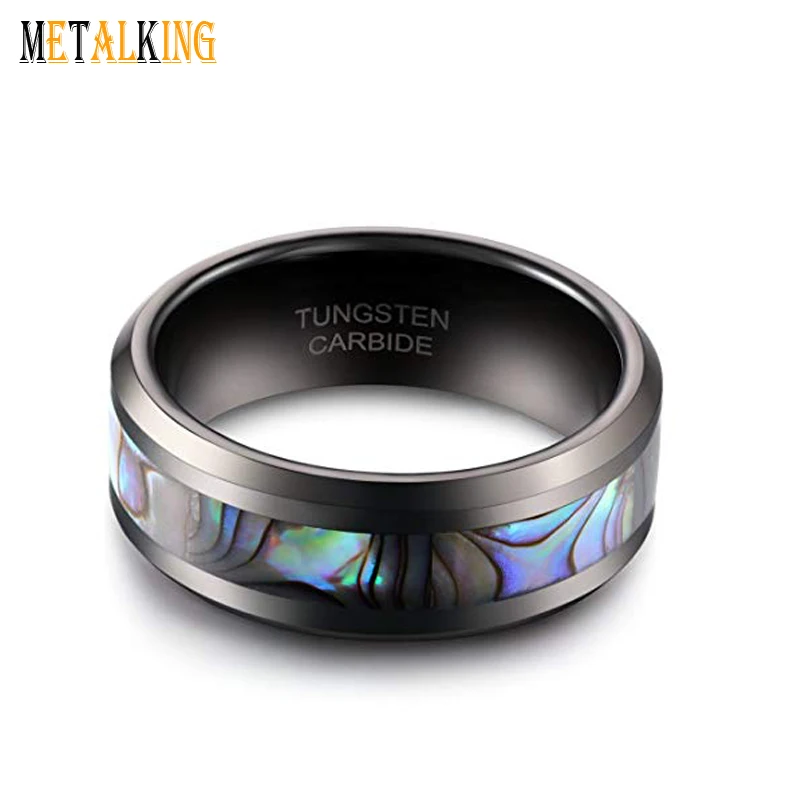 
8mm Tungsten Wedding Band Natural Abalone Shell Inlay Black Mens Ring 
