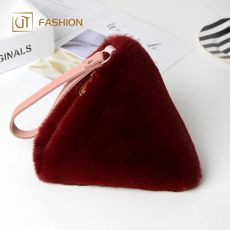 2018 hot sale jtfur fake rex rabbit fur hand bag wild plush triangle bag faux fur bag