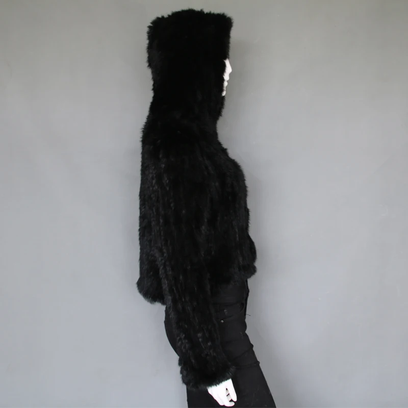 Wholesale hand knit real rabbit fur coat with hood fur style handmade rabbit fur jackets