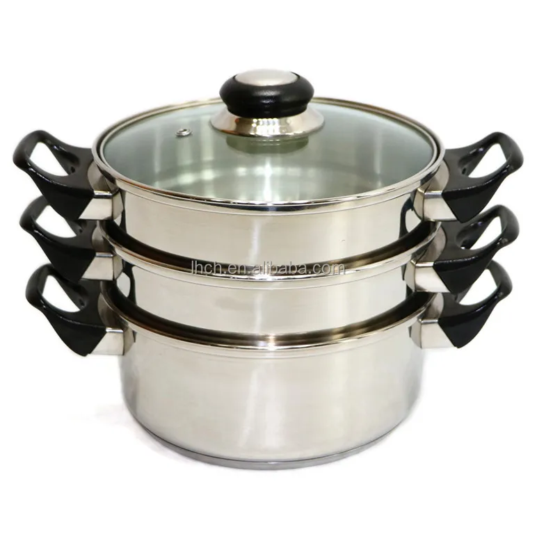 3 Layer Stainless Steel Couscous Steamer Pot Baby Food Steamer with Unique Bakelite Handle Glass Window Lid
