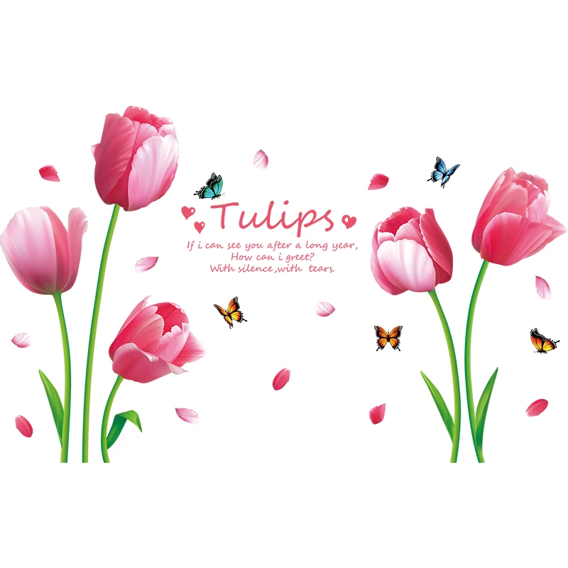 YIYAO Pink Tulips Flowers Paper Home Decal Removable Butterflies Wall sticker