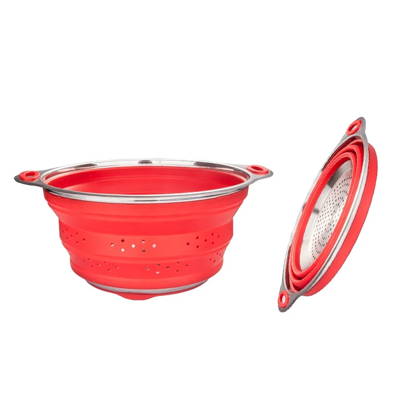 NEW DESIGN foldable silicone stainless steel collapsible colander vegetable kitchen strainer