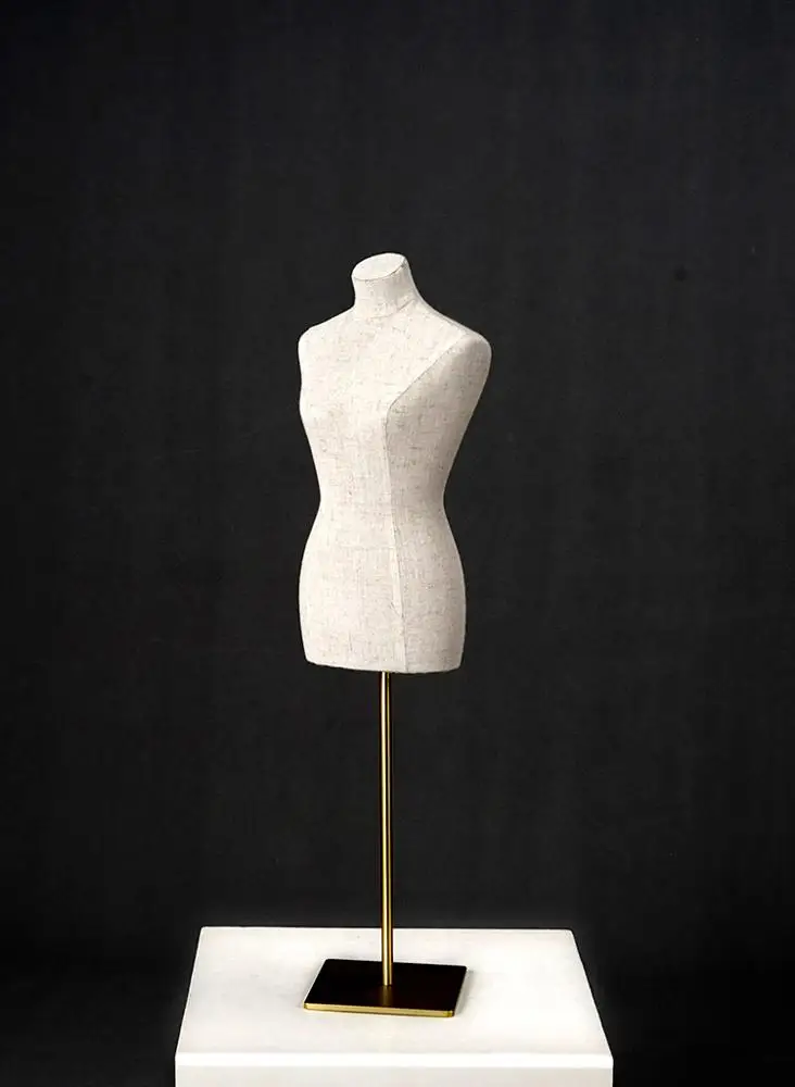 linen fabric cover female mini bust mannequins with gold base