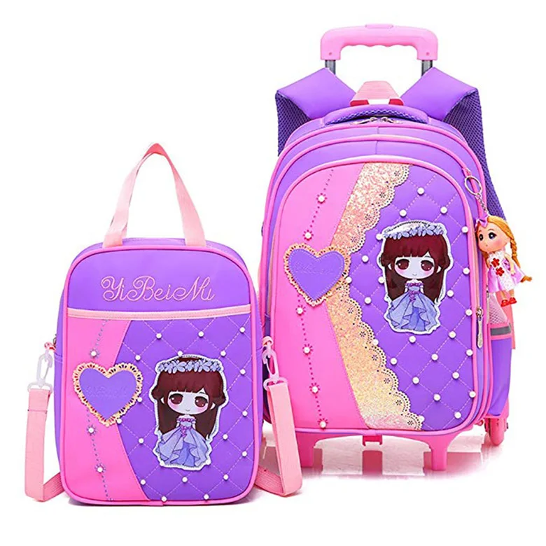 Hot item 6 wheels polyester detachable backpack lace pearl decor princess girl trolley school bag