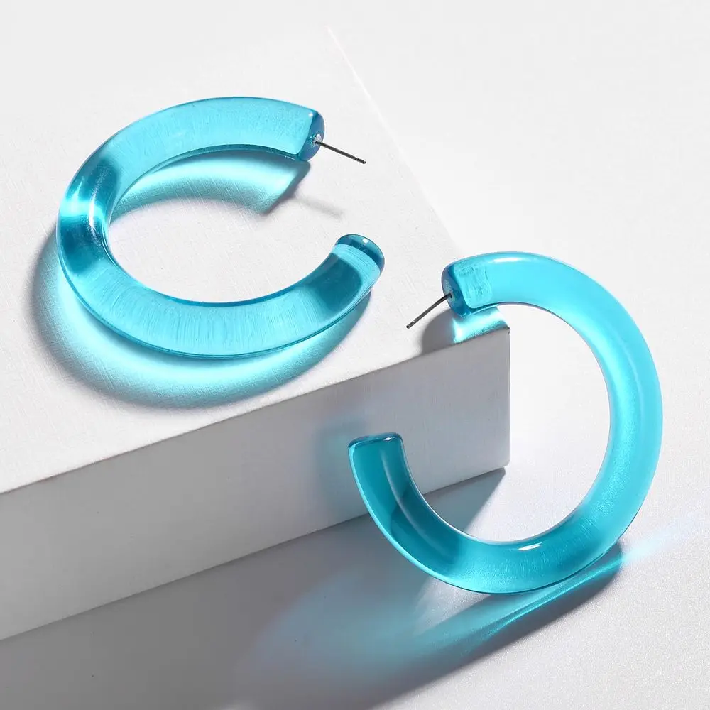 2019 Hot Sell Large Hoop Earrings Transparent Blue Acetic Acid Thick C Shape Hoop Earrings