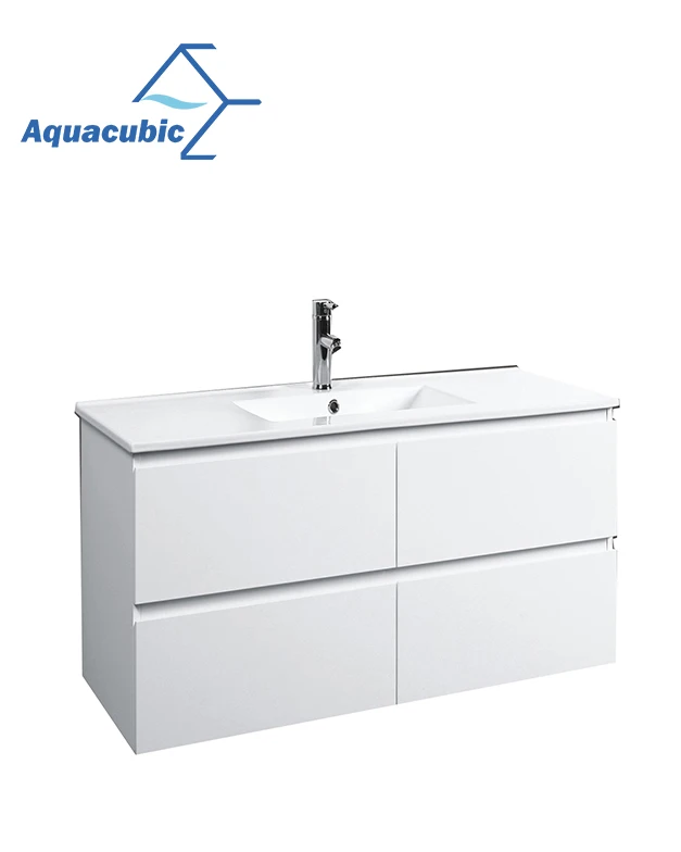 Aquacubic популярная Двойная чаша MDF ПВХ белая мебель для ванной комнаты шкафчик с керамической раковиной