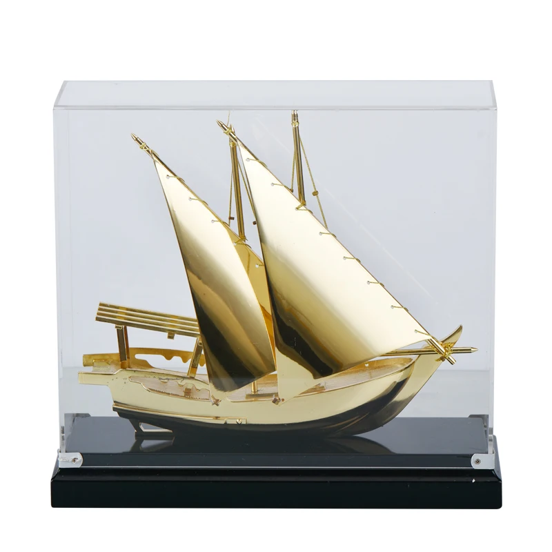 Antique Metal Golden Plated Ship Boat Model In Acrylic Box For Souvenir Gifts