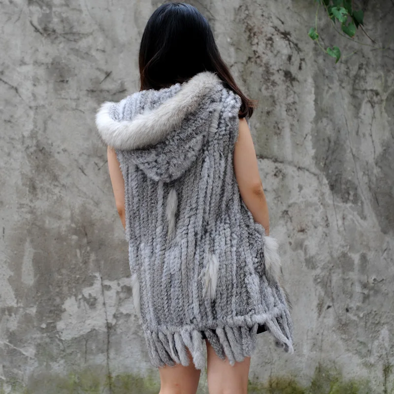 CX-G-B-75B New Knit Rabbit Fur Long Ladies Top Fur Vest