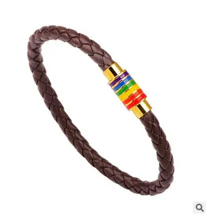 2017 Fashion Men Rainbow Jewelry Charm Genuine leather Bracelet Stainless Steel Magnetic Buckle Accessories Gay Pride Bracelet