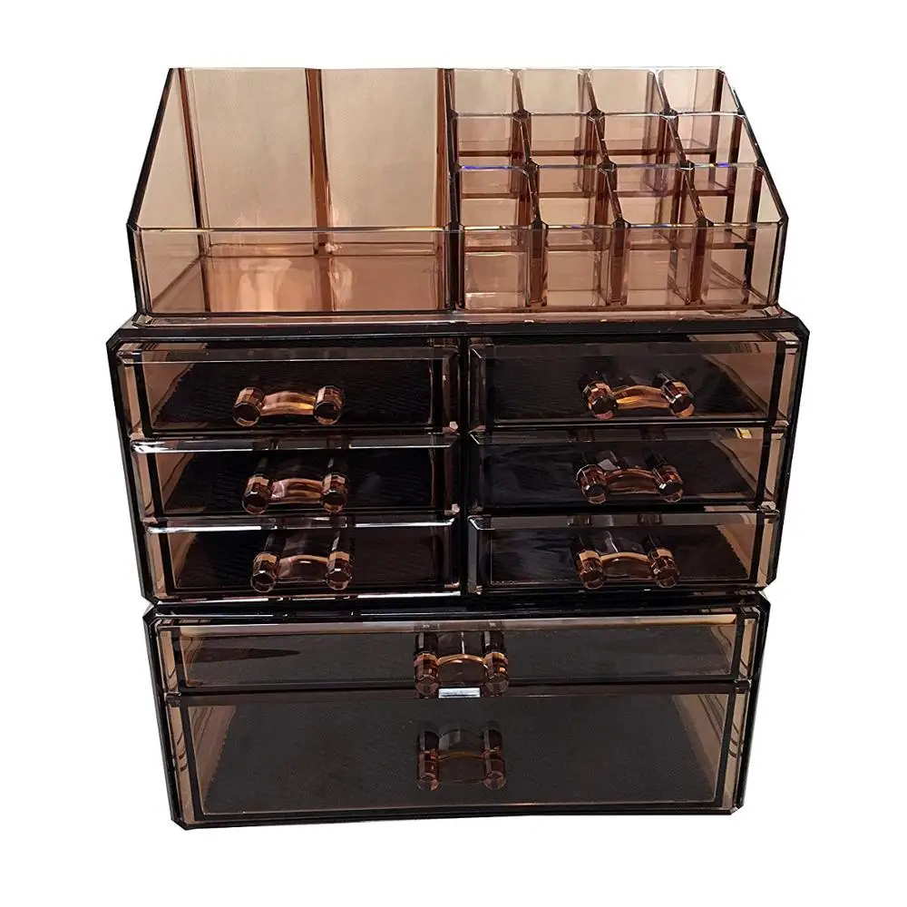 Hot Brown 3 Pieces Set Plastic Acrylic Makeup Cosmetic Organizer Jewelry Storage Drawers Lipstick Display Makeup Boxes Case