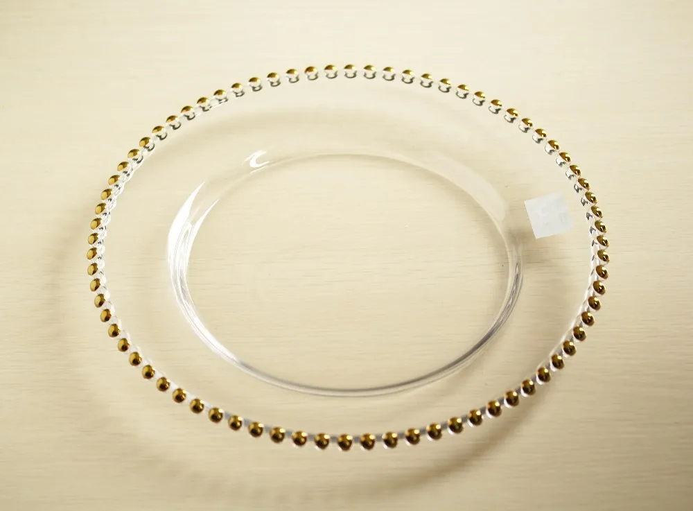 SXGC Hot sales wedding and party glass fancy Decorative Charger Plates with Gold beads rim round charger plate