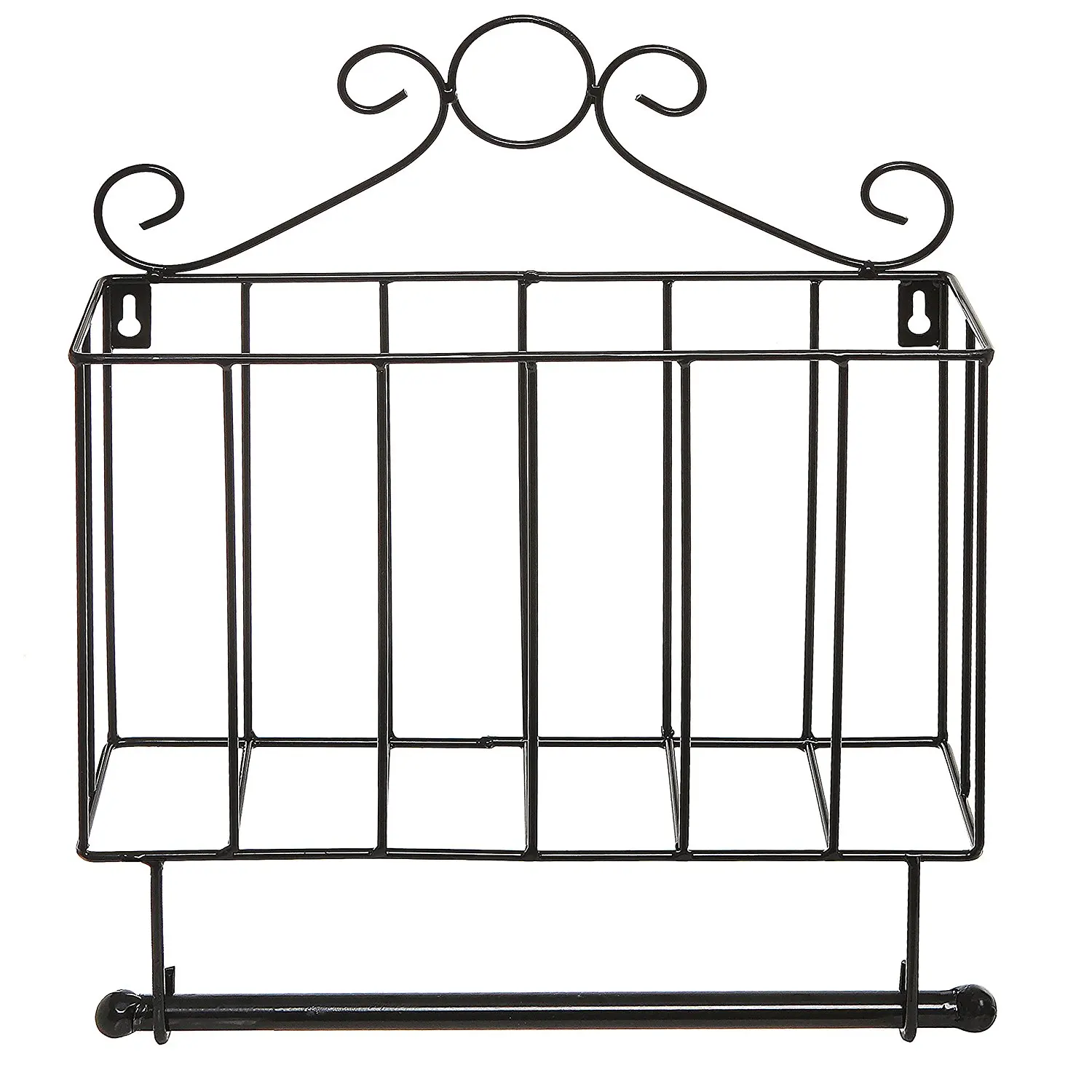 
Black Metal Scrollwork Design Wall Mounted Bathroom Magazine Shelf Basket Rack with Toilet Paper Roll Bar 