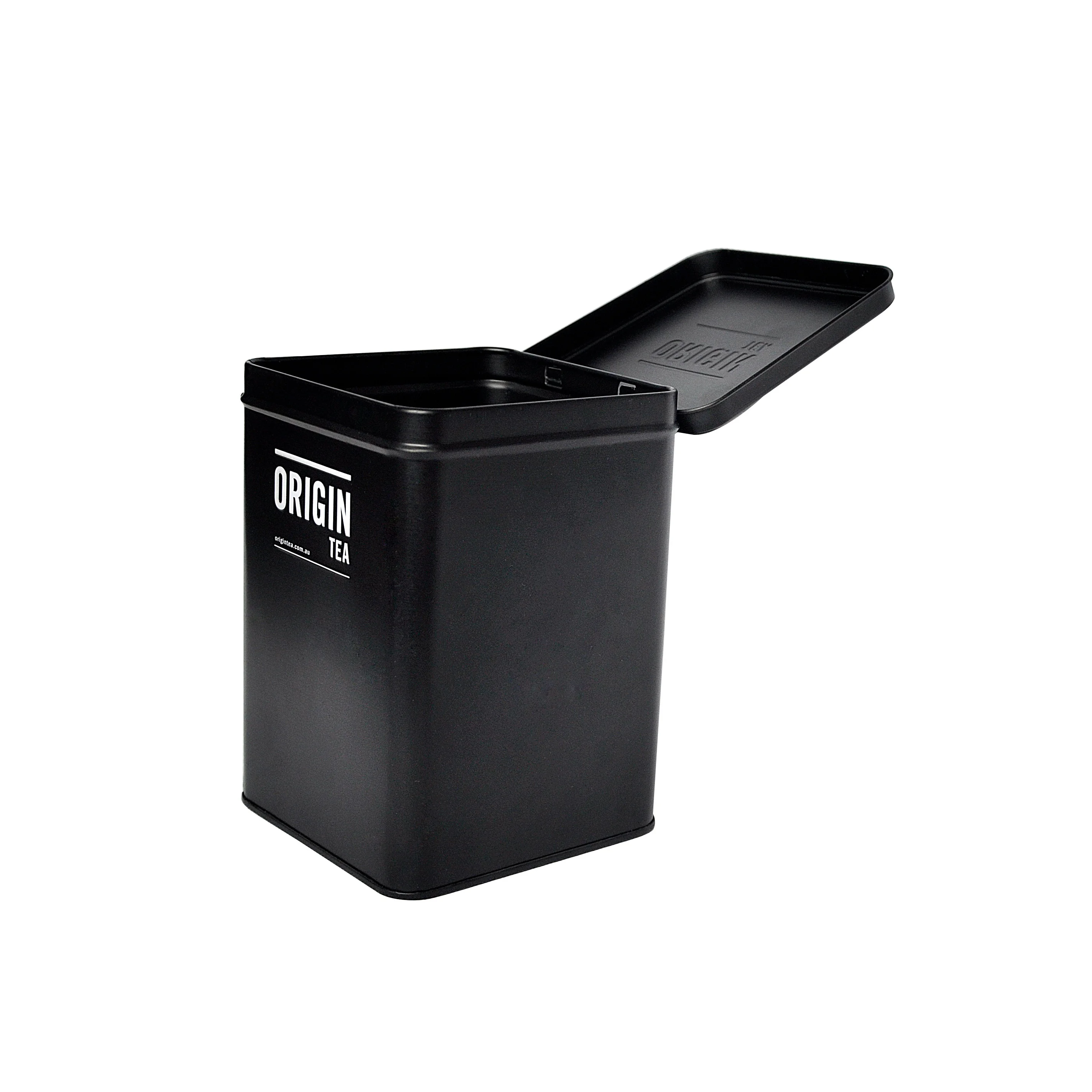 Недорогие банки с принтом логотипа упаковка антикоррозийная черная матовая металлическая квадратная жестяная коробка на петлях для чая кофе