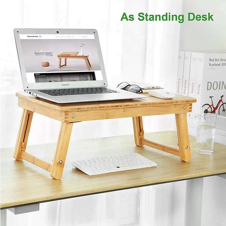 Bamboo Laptop Desk Adjustable Portable Breakfast Serving Bed Tray with Tilting Top Drawer