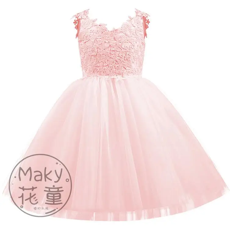 Wholesale lovely pink flower girl dress sleeveless bowknot dress and appliqued lace princess dress