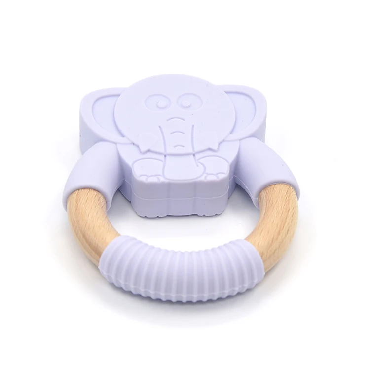 
BPA Free Orgnanic Baby SIlicone and Beech Wood Teether Ring Bunny Elephant Rabit Wooden Ring Teething Toy 
