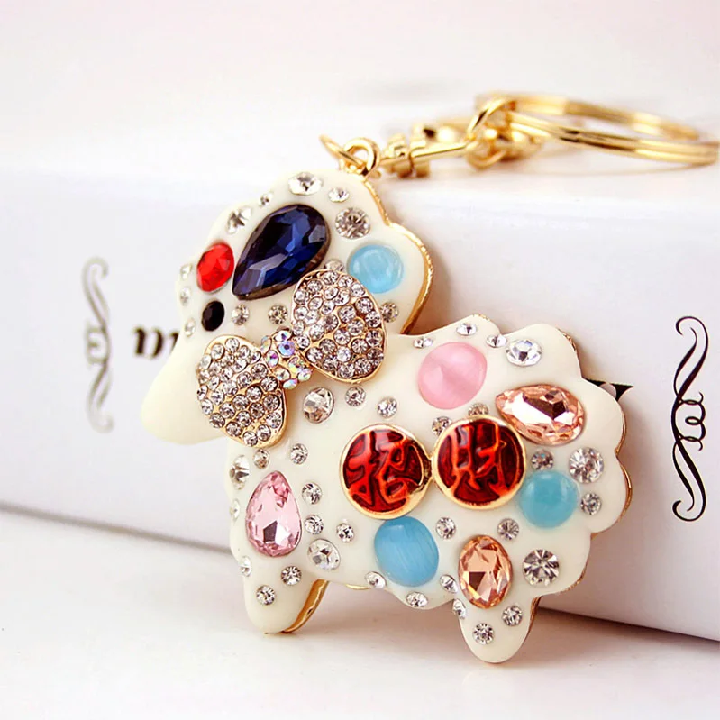 Cute Lovely Zodiac Sheep Keychain Opal Resin Rhinestone Crystal Lamb Key Ring Purse Bag Car Trinket Women Animal Jewelry Gift
