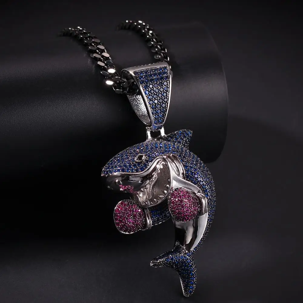 
color stone iced out shark tooth necklace pendant 