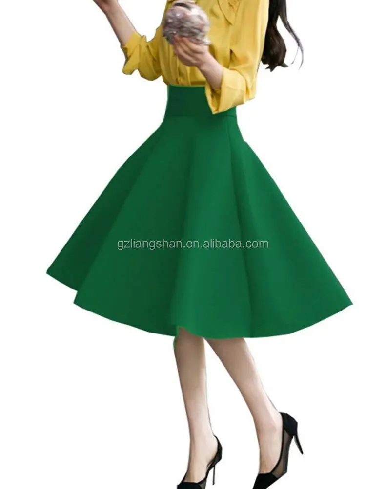 
Wholesale Custom Women High Waist Pleat Elegant Skirt Green Black White Knee-Length Flared Skirts 