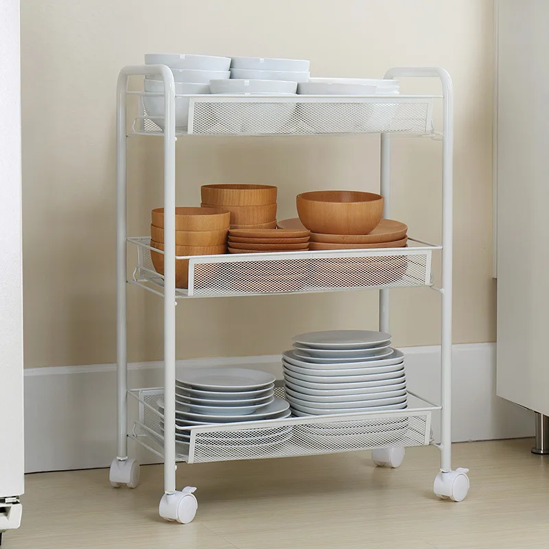 Kitchen and bathroom metal mesh storage trolley with rolling wheels shelving serving cart