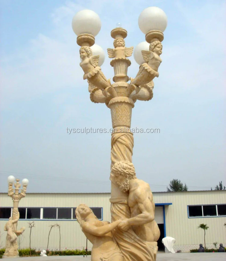
Natural popular hand carved yellow marble outdoor main gate light stone pillar 