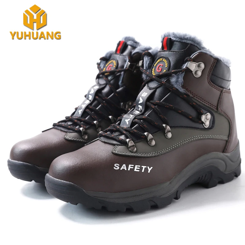 Fashion design genuine leather safety work boots with steel toe metal middsole fur lining safety shoes