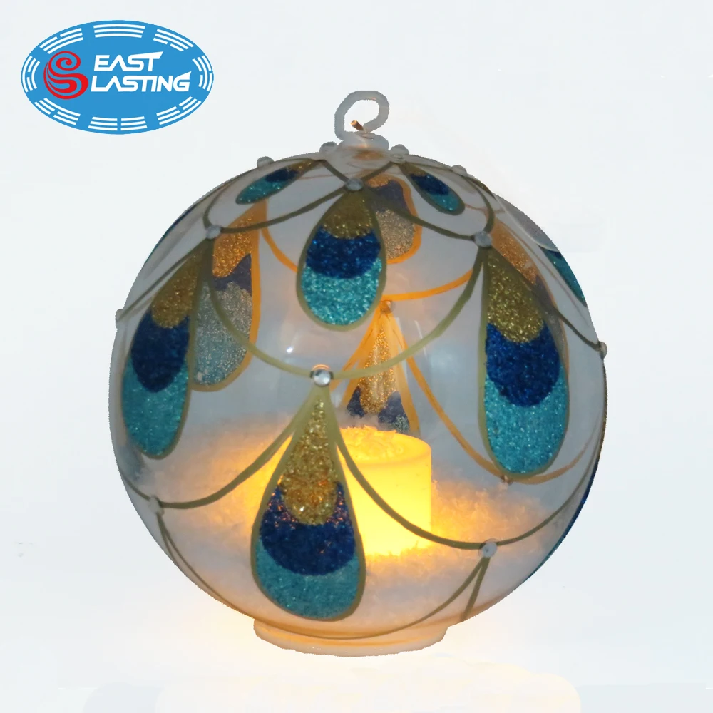Ball shaped hanging led glass candle holder with beautiful peacock feather and snowflake
