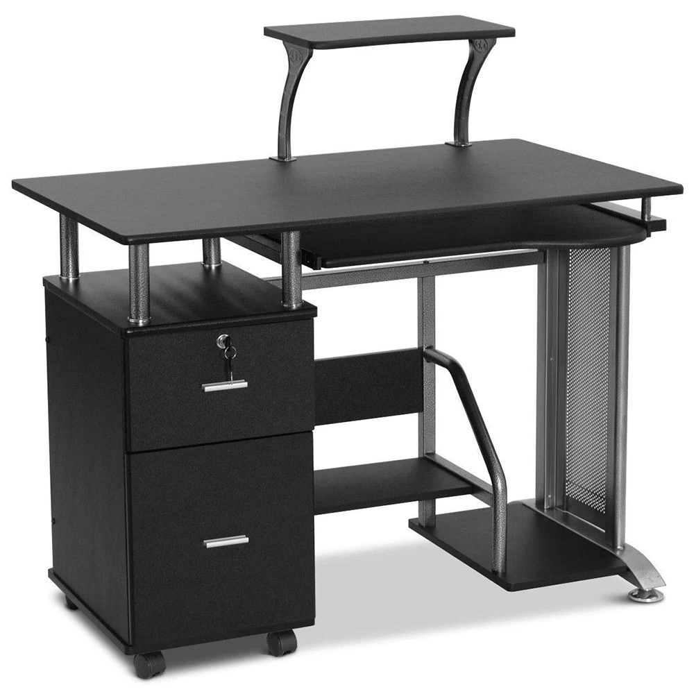 Black Office Computer Tables Study Desk with Keyboard Panel and Drawers