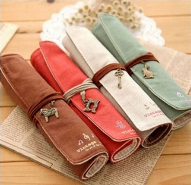 Vintage Roll Pencil Bag Canvas Pencil Bag Creative Simple Stationery Bag