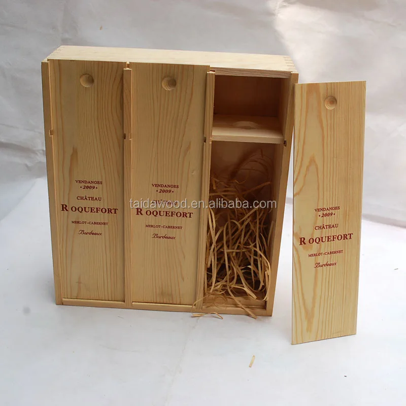 Large Pine Wooden Triple Champagne Bottle Box Plywood Slide Lid Wine Box