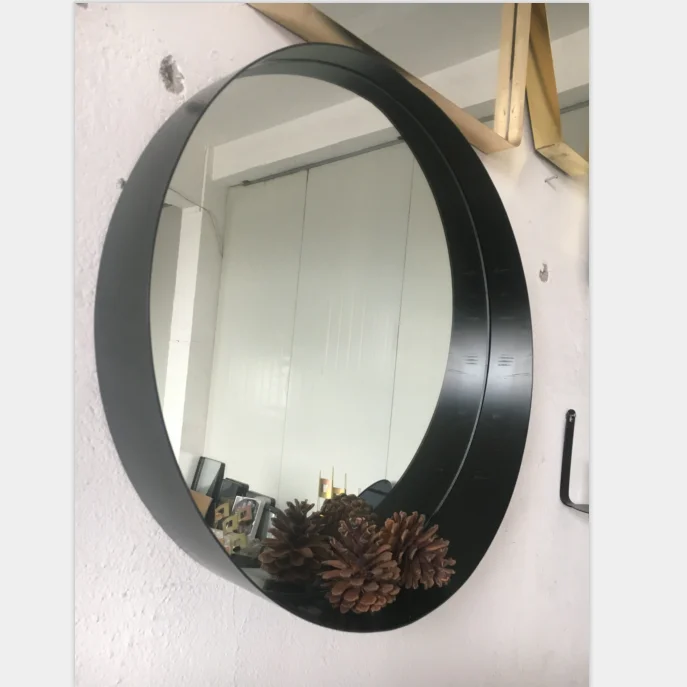 China decorative round black metal wall mirror shelf espejo para sala