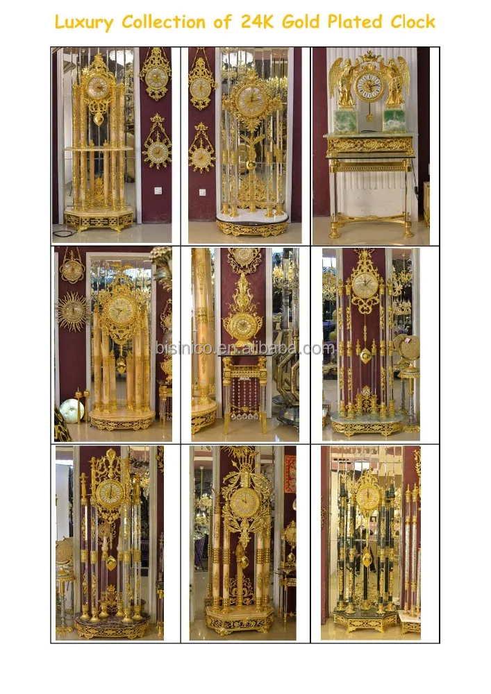 Luxury Italy Style Antique 24K Gold Plated Bronze Mounted Floor Clock, Decorated Pendulum Clock, Crystal & Marble Clock