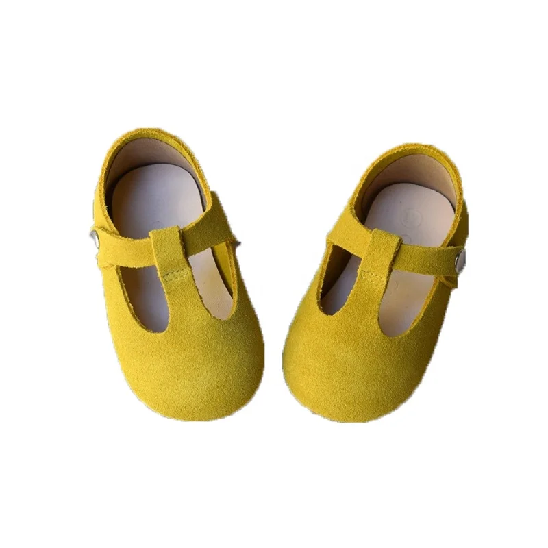 Mustard suede stud fasten t-bar kids baby boy crochet shoes moccasins