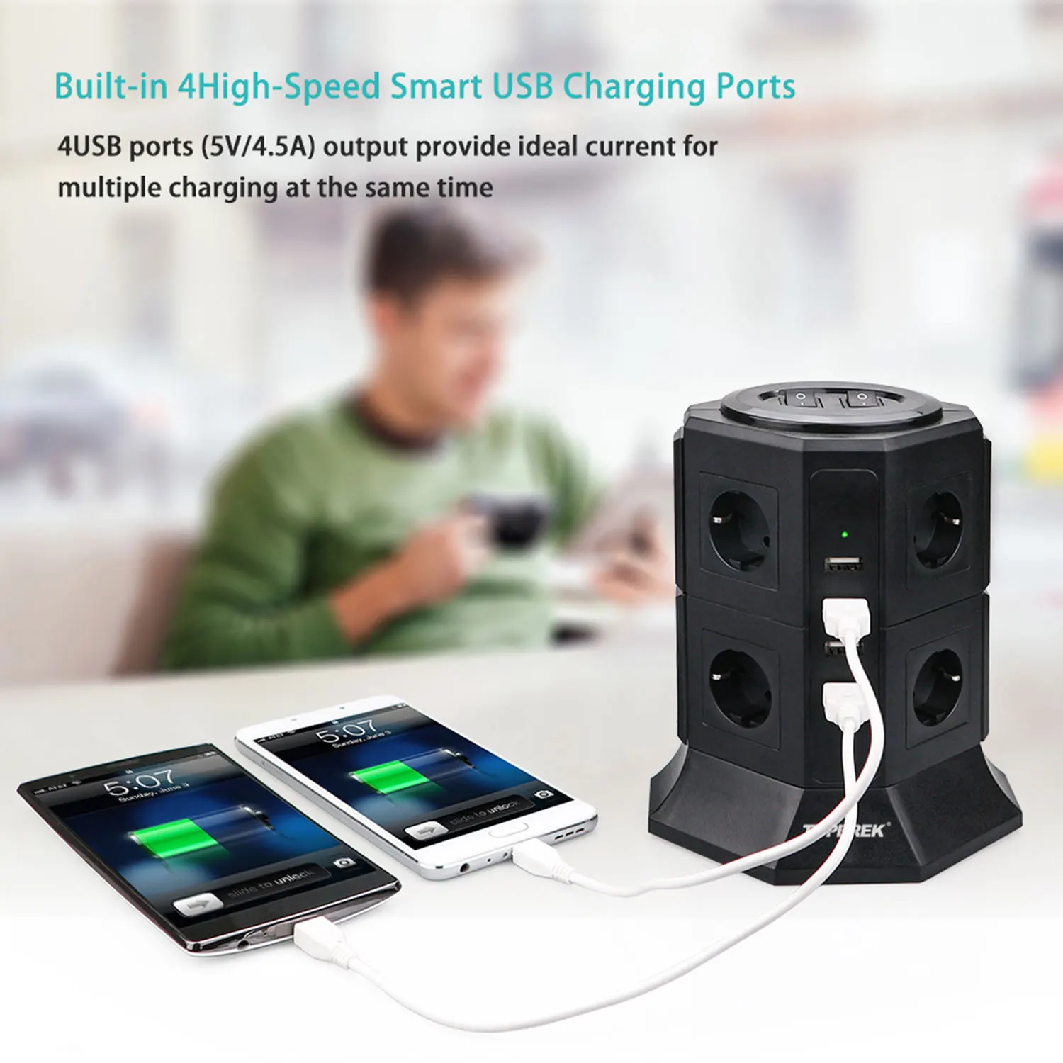 Многофункциональная Вертикальная Розетка с защитой от перенапряжения с вилкой европейского стандарта и USB-разъемом для зарядной станции для Турции