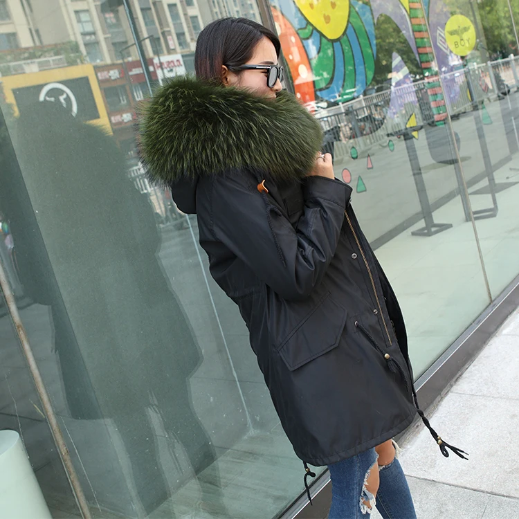 2018 Winter Warm Hooded Real Fox Army Green parka fur jacket For Women