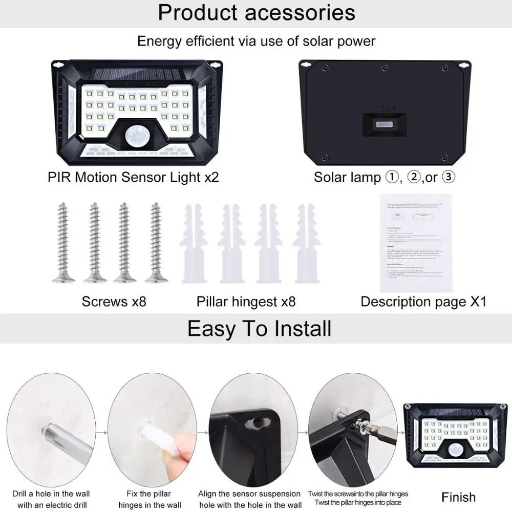 
6W 500LM IP65 Waterproof Security Outdoor Wall Garden Lamp Solar Led Sensor Light 