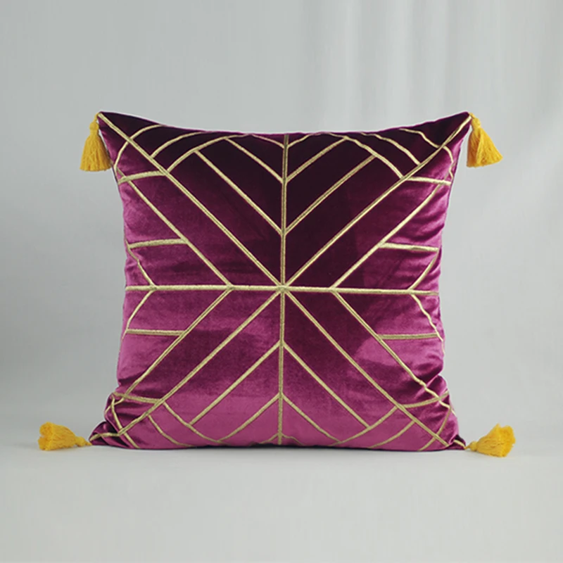Large 60 x 60 Luxury Designer Geometric Gold Tassel Fringe Velvet Cushion Cover