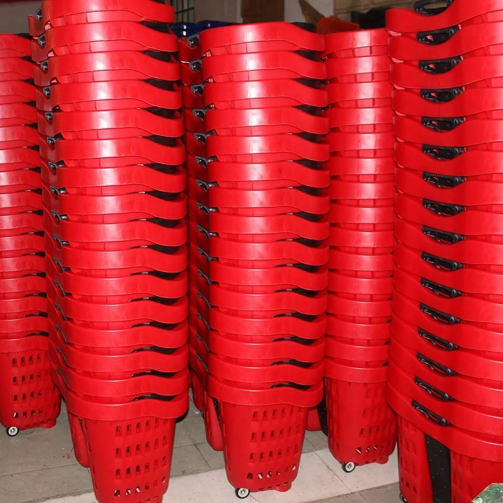 55Liters plastic shopping basket from china with 2 wheels 1 handle