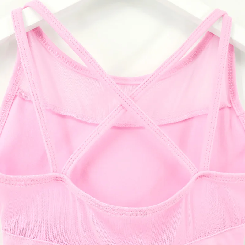 Straps Mesh Girls Ballet Leotard Dress With Skirt