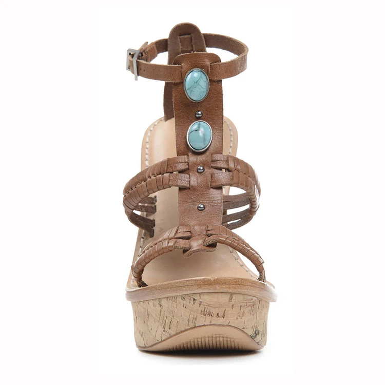 Hot sell in wholesales leather insoles with fashion cork high heel wedges sandals for women and ladies flat shoes