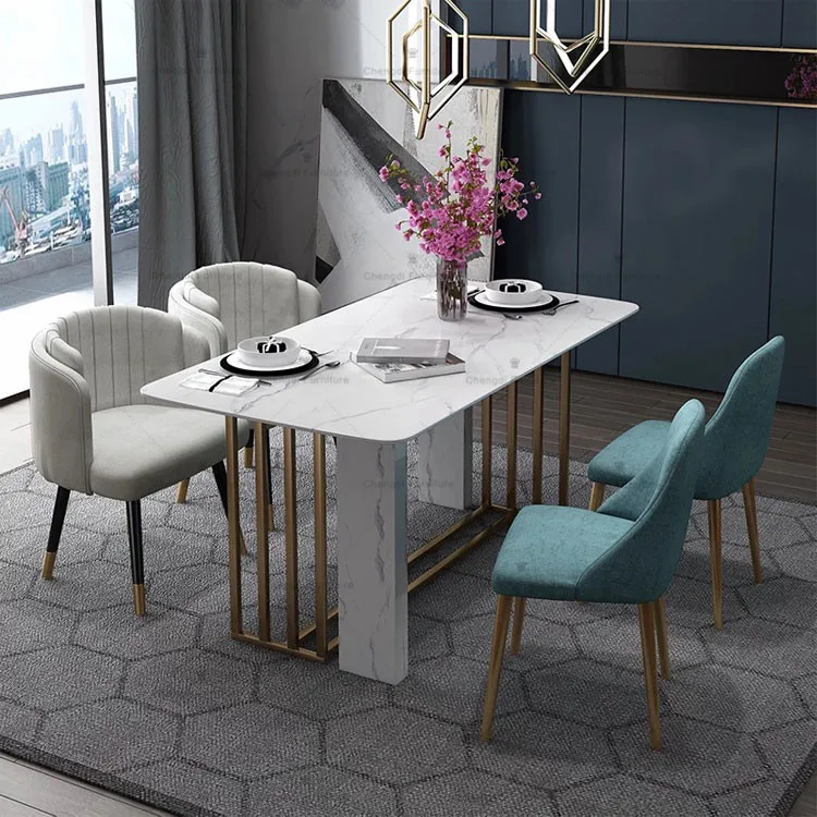 
spanish modern marble top dining table with stainless steel legs 