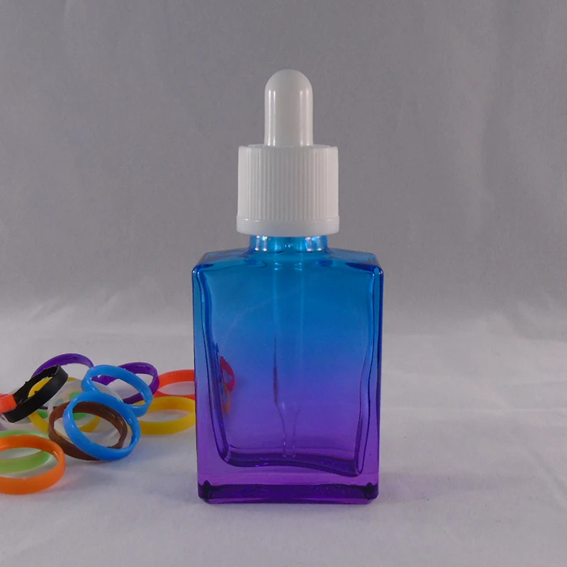 cosmetic oil 1 oz 30ml square rectangle shape blue & purple glass dropper beard oil bottle
