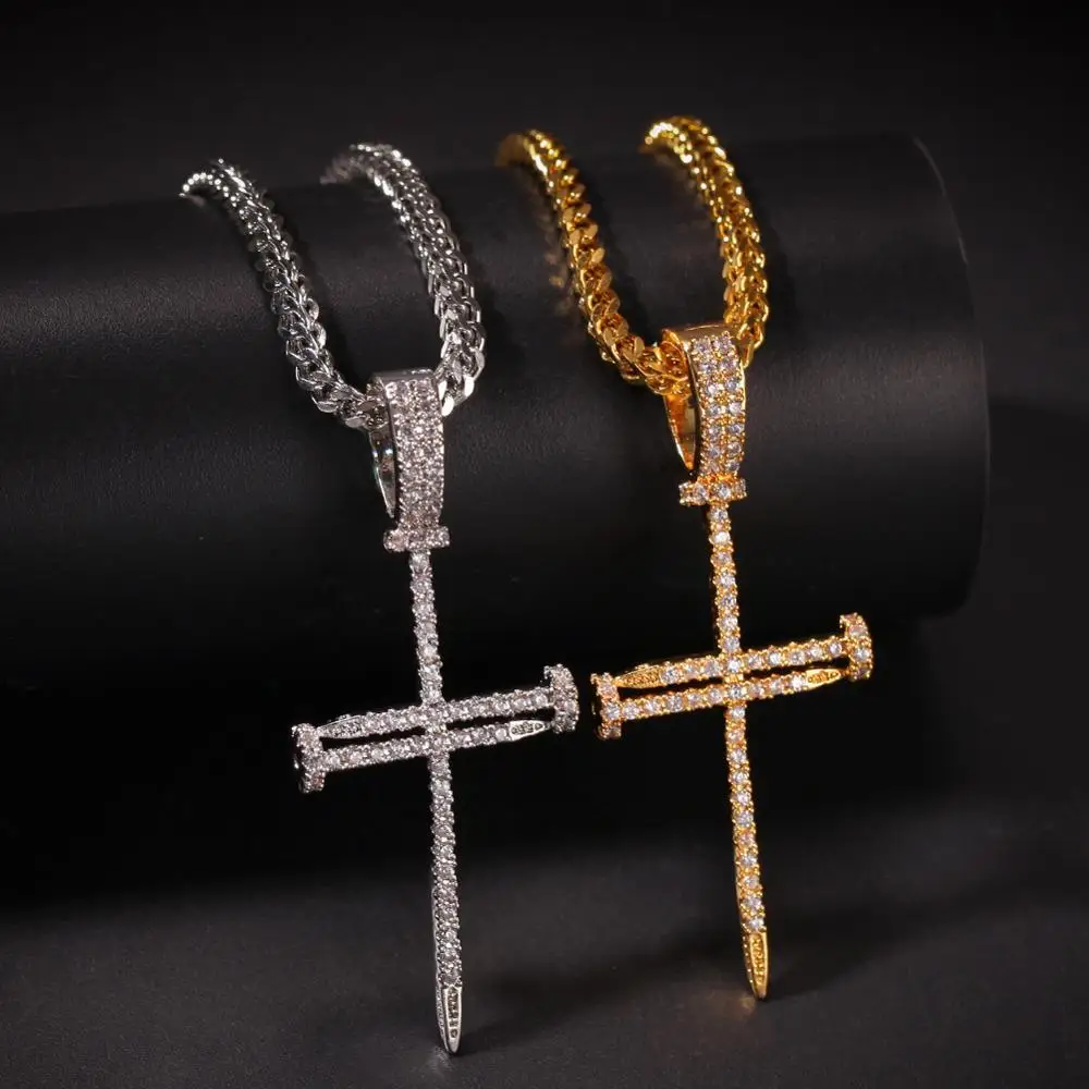 HipHop Iced Out Bling Bling Zircon Cross Nail Pendant 18K Gold Plated Pendant