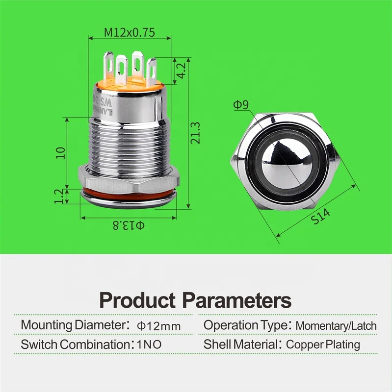 LANBOO 12mm Aluminum Oxide Black with Red/Green/Blue Bright LED Illumination pushbutton Self-Lock or Reset 1NO