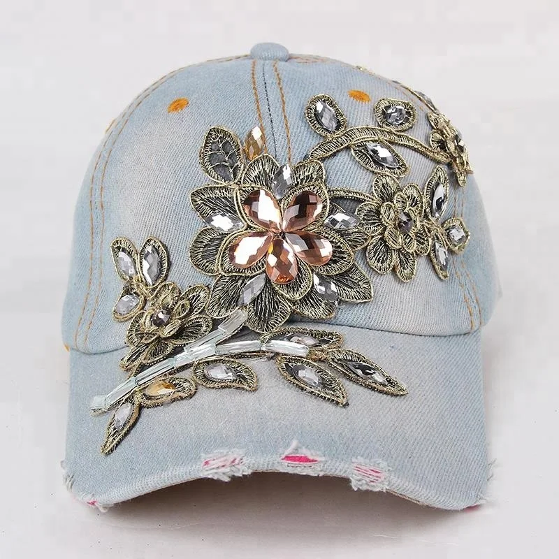 Embroidered Vine Baseball Cap Paste Rhinestone Manufacturer from China Sport daily and Sun Hat 6-panel Hat Plain Adjustable