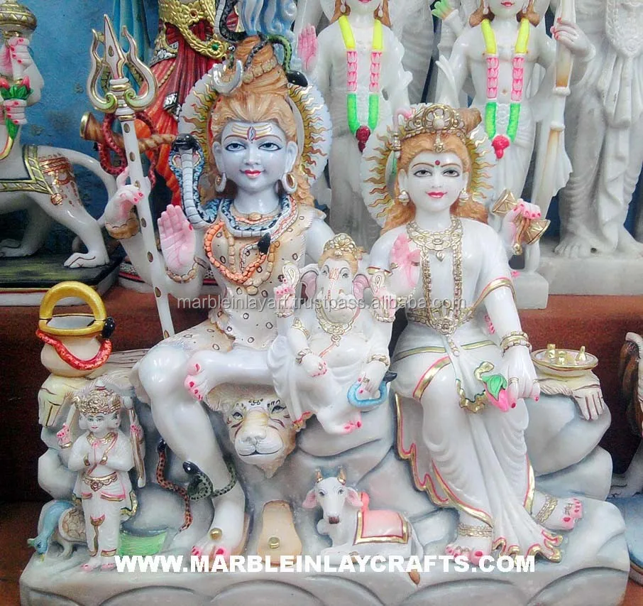 Luxurious White Marble Shiv Parivar Statue, Marble Shiva Parvati With Ganesha Idols