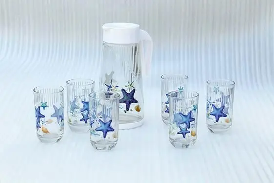 
New design 7pcs decal printed glass drinking jug set with 1 jug & 6 glasses cup/water&juice pitcher set 