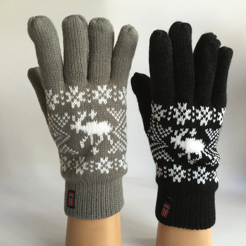 two  layer fleece lined winter knitting glove  high quality jacquard cheap professional acrylic knitted gloves factory