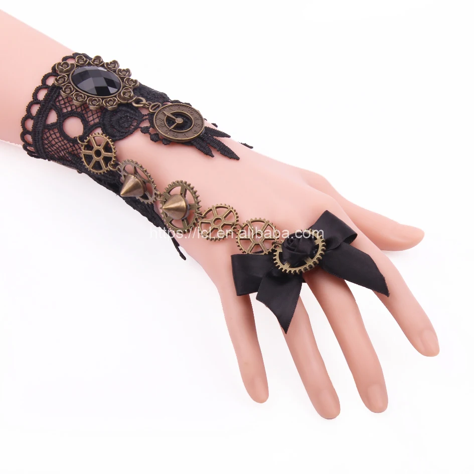 
Steampunk Alloy Gear Vintage Retro Lace Hand Chain Women Gothic Hand Ring Bracelet Finger Chain Ring Bracelet 